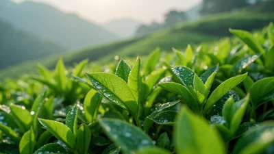 微距摄影，谷雨时节挂着露珠的龙井茶芽，背景是朦胧的云雾茶山。