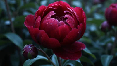 特写镜头下，雨后的红色牡丹花瓣上点缀着雨滴，色彩浓郁。