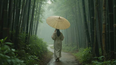 远景构图，一个人撑着油纸伞走在湿润的竹林小径上，薄雾环绕。