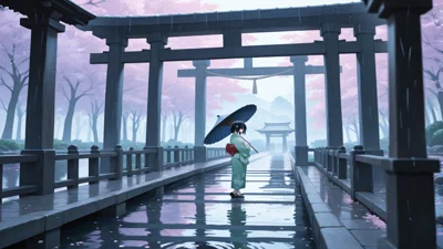 动漫风格，少女撑伞站在石桥上，背景是烟雨朦胧的江南古镇。