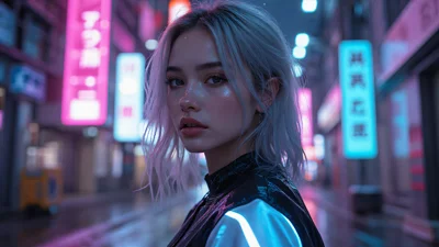 写实摄影，女性模特穿着反光夹克站在霓虹灯招牌下，光影交错。