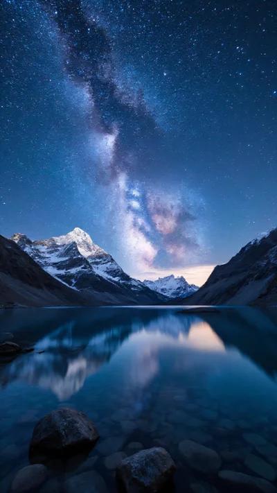 广角摄影，银河横跨壮丽的雪山之巅，湖面映照星光。