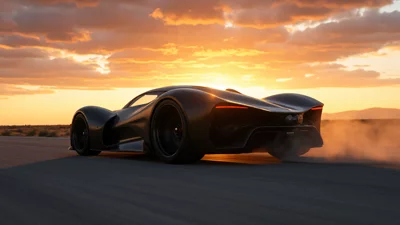 侧面视角，金色阳光照射下的哑光黑色超跑，扬起阵阵风沙。