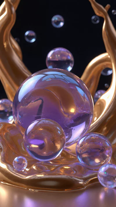 3D渲染，液态金与虹彩玻璃球在暗色背景下交织。