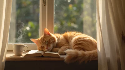 治愈系摄影，橘猫在木质窗台上睡觉，旁边有一杯热咖啡。