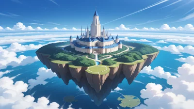 动漫插画，蓝天白云间悬浮的岛屿，瀑布从岛边缘落下。