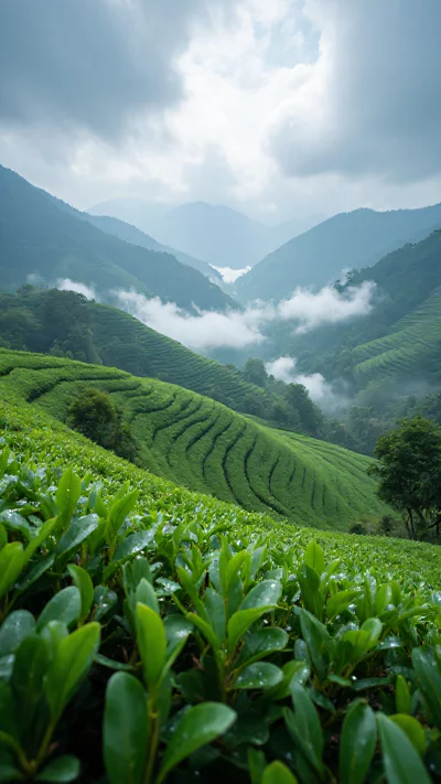 写实风格，中国江南茶园，谷雨时节，云雾缭绕的翠绿山丘