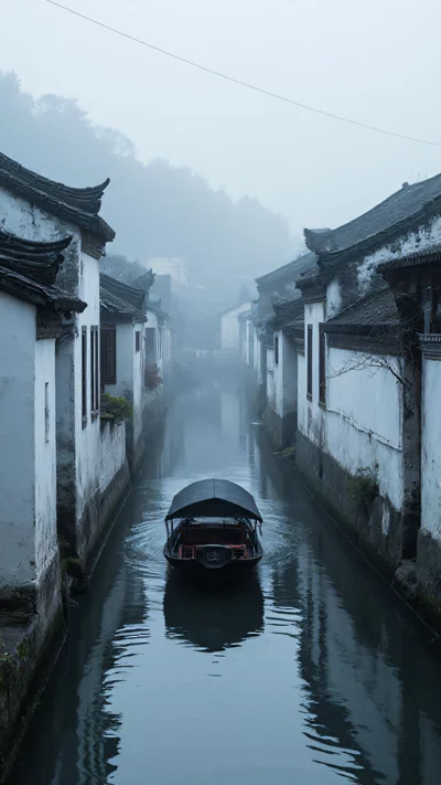 写实风格，江南水乡，乌篷船，烟雨蒙蒙，古建筑