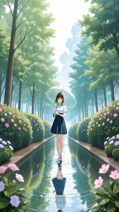 动漫风格，唯美场景，少女，透明雨伞，清新绿意，谷雨