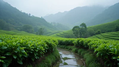 谷雨时节雾气弥漫的中国梯田茶园实拍风格