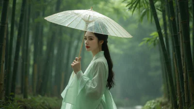 谷雨时节撑伞走在竹林里的汉服美女写实写真