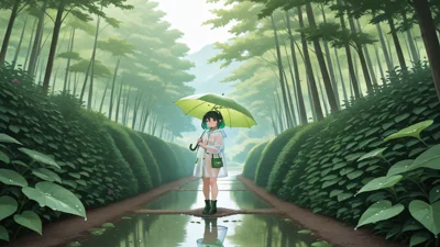 谷雨时节在乡间田野里躲雨的动漫少女