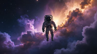 在彩色星云前漂浮的宇航员太空写实壁纸