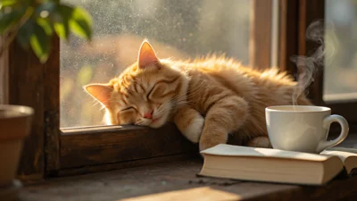 在阳光明媚的窗台上睡觉的猫咪温馨写实摄影