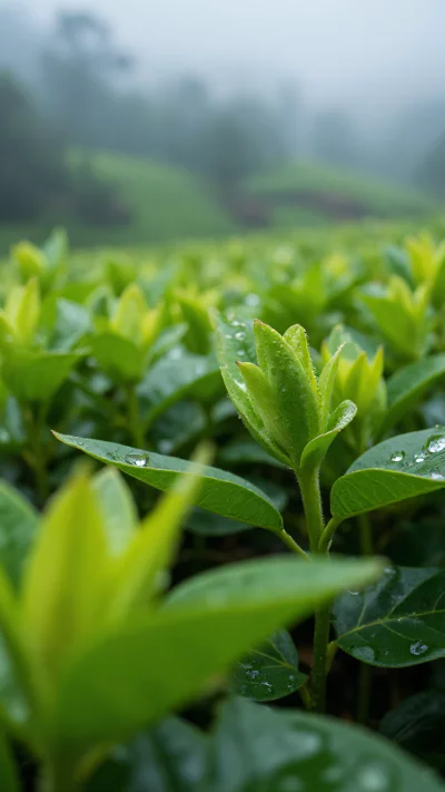 谷雨节气，微距摄影下的翠绿茶芽和雨滴