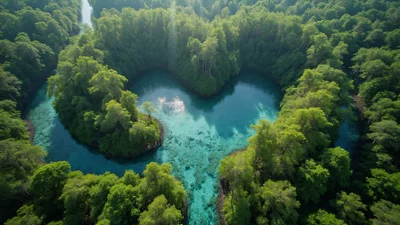 世界地球日主题，航拍视角下的心形森林和清澈湖泊