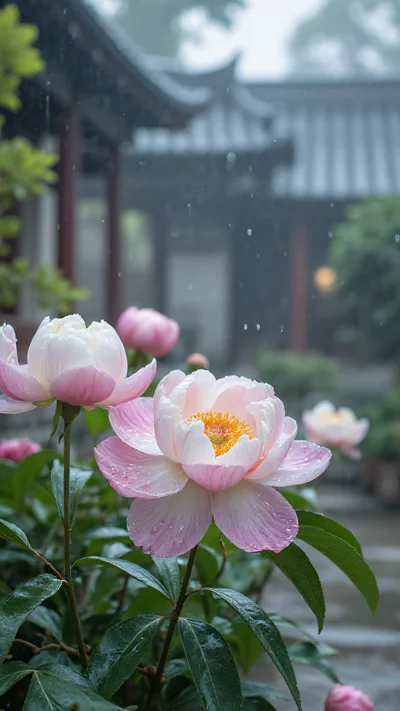 谷雨时节，中式庭院中被雨水打湿的粉色牡丹花