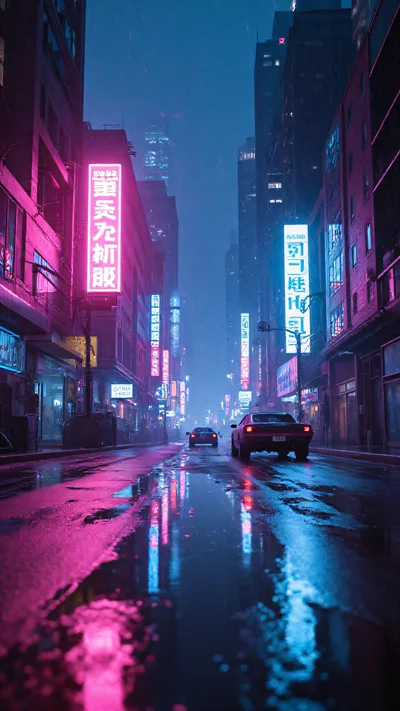 赛博朋克风格，霓虹闪烁的未来城市雨中街道