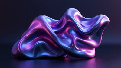 抽象3D波浪，渐变紫蓝粉色，液态金属质感