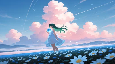 动漫风格壁纸，少女在蓝天白云下的花海中拥抱地球。