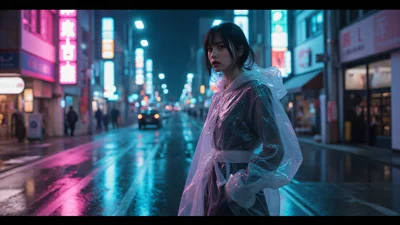 写实人像壁纸，一名时尚女性走在霓虹闪烁的湿滑街道上。