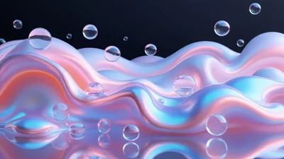 3D抽象渲染壁纸，粉紫色液态金属球体悬浮在暗色背景中。