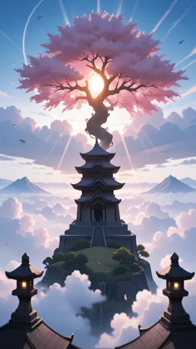 动漫风景壁纸，奇幻的浮空岛屿和远处的巨龙影子。