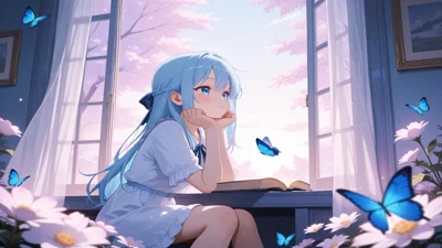 动漫少女，魔法书，繁花，柔和光影