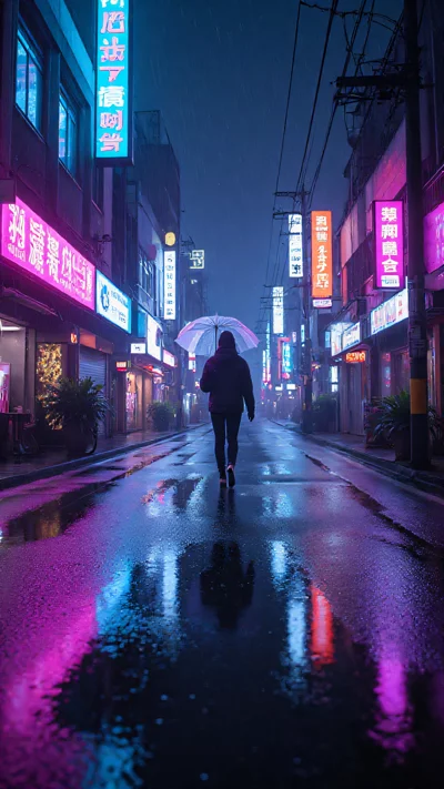 赛博朋克街道，雨后倒影，霓虹灯，未来感