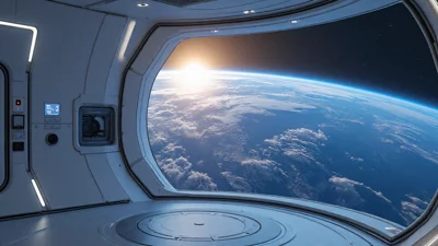 未来空间站窗外的地球全景
