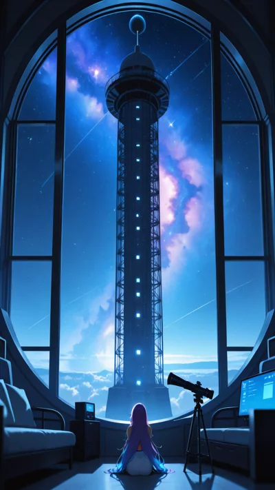 动漫少女观察星空，庆祝中国航天日