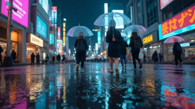 雨后东京街头，霓虹灯倒影，赛博朋克风