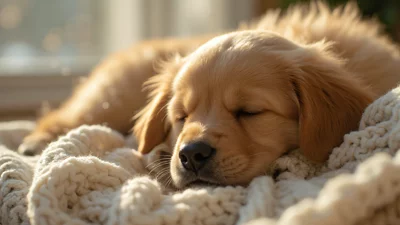 阳光下睡觉的可爱金毛幼犬